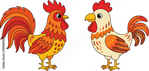 Cartoon Roosters with Colorful Feathers and Bright Red Comb for Fun Animal and Farm Illustrations