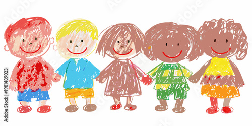 A colorful childlike drawing of five smiling figures standing together