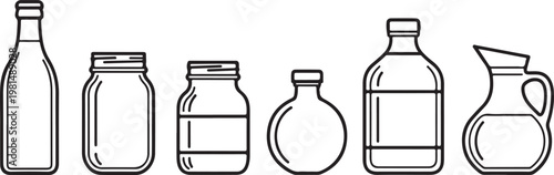 A collection of six different bottles and containers on a white background Vector