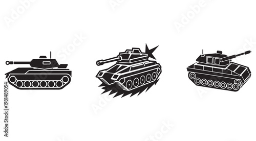 Set of three black and white tank illustrations with different designs and details  military vehicles