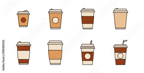 Assortment of coffee cups on dark backdrop for beverage and cafe designs
