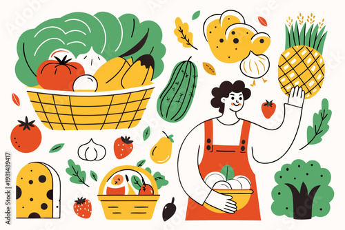 A farmer presents a bountiful harvest of fresh fruits and vegetables
