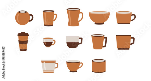Collection of brown coffee cups mugs and bowls on black background