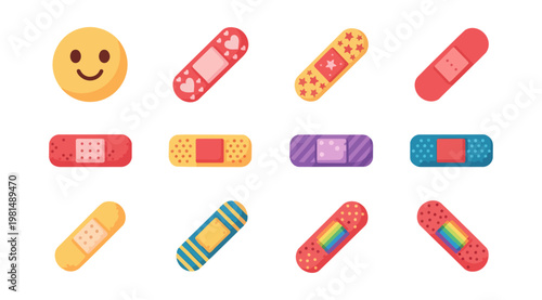 Collection of decorative bandages and smiling face on black
