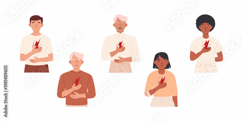 Diverse people experiencing heart pain or cardiac arrest clutching chests