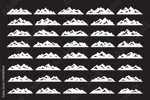 Set of mountain silhouette, hiking hill peak symbol, forest nature landscape and camping logo with christmas tree. Mountain silhouette pattern, background, icon or line art for summer travel business.