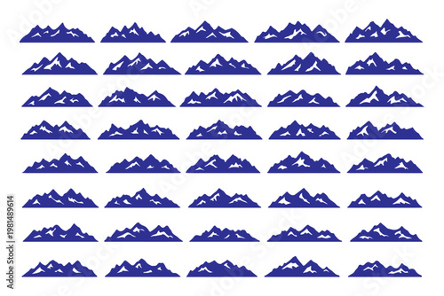 Set of mountain silhouette, hiking hill peak symbol, forest nature landscape and camping logo with christmas tree. Mountain silhouette pattern, background, icon or line art for summer travel business.