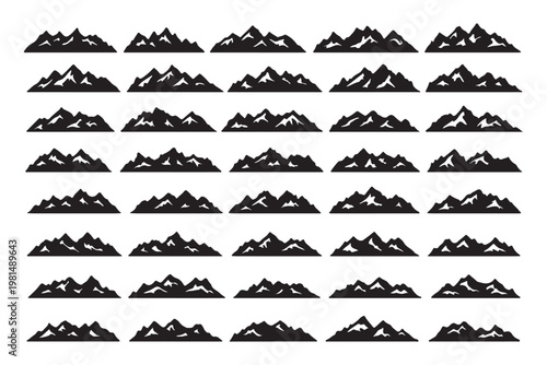 Set of mountain silhouette, hiking hill peak symbol, forest nature landscape and camping logo with christmas tree. Mountain silhouette pattern, background, icon or line art for summer travel business.