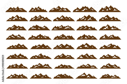 Set of mountain silhouette, hiking hill peak symbol, forest nature landscape and camping logo with christmas tree. Mountain silhouette pattern, background, icon or line art for summer travel business.