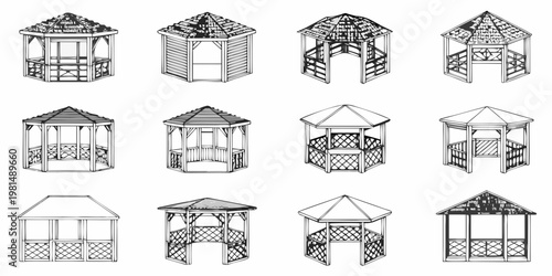 Collection of black and white illustrations depicting various gazebo designs