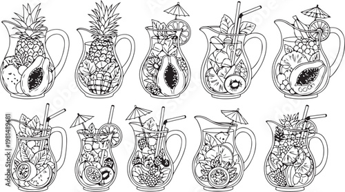 Hand-drawn illustration of various glassware and containers with intricate patterns Vector