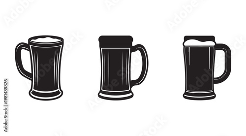 Three beer mugs with different foam levels isolated on white background