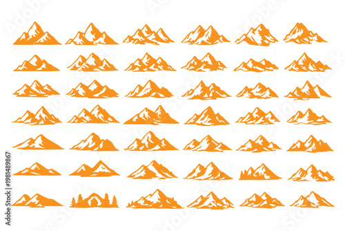 Set of vector mountain silhouette or vintage hill peak outline for forest logo or nature landscape design. Mountain silhouette pattern for hiking or camping business. Summer mountain travel line art