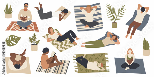 People relaxing outdoors on colorful rugs and blankets in minimalist style