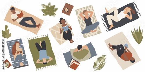 People relaxing and reading outdoors on colorful patterned mats