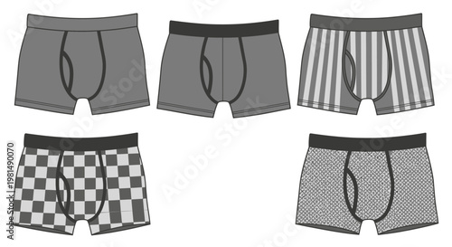 Set of five boxer briefs with different patterns: solid grey, striped, checkered, and textured.