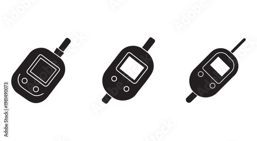 Three black and white handheld devices with screens and antennas  electronic gadgets with different screen displays