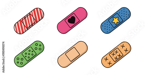 Set of adhesive bandages with decorative designs isolated on black