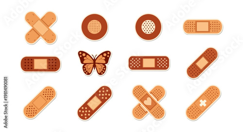 Set of adhesive bandages and butterfly illustration on dark background
