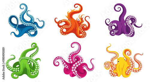 Set of Six Colorful Cartoon Octopuses with Wavy Tentacles on White Background