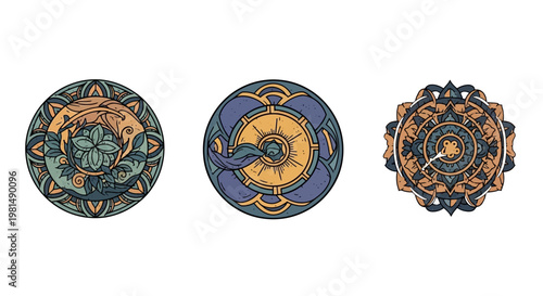 Set of three circular mandalas with floral and geometric patterns in earthy tones