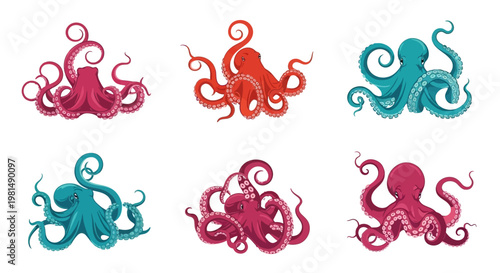 Set of Six Colorful Octopus Illustrations, Vibrant Marine Life Icons
