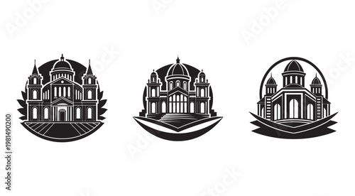 Three black and white illustrations of buildings with domes and towers  architectural designs  isolated on white background