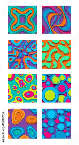 Abstract Colorful Paper Cut Backgrounds Set, 3D Layered Shapes, Vibrant Geometric Patterns