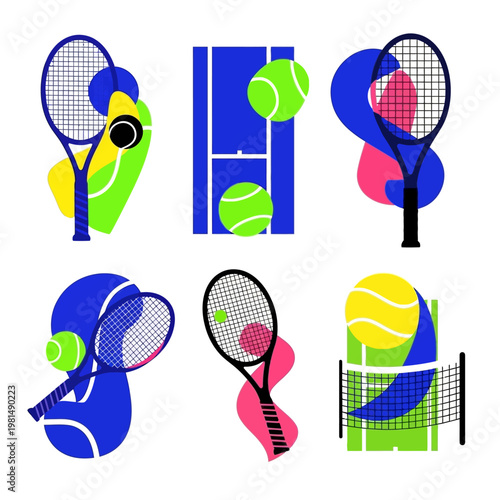 Abstract Tennis Elements: Rackets, Balls, Court, Net - Vibrant Geometric Design