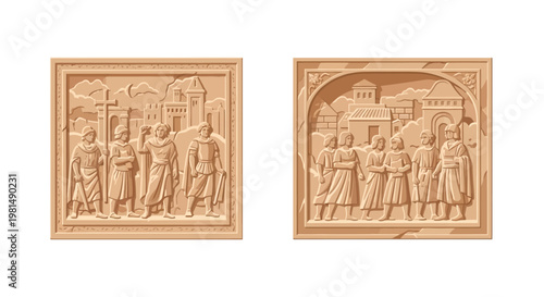 Ancient Relief Carvings: Medieval Figures and Cityscape in Stone