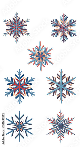 Abstract Snowflakes Set, Winter Holiday Design Elements, Blue and Red Geometric Patterns