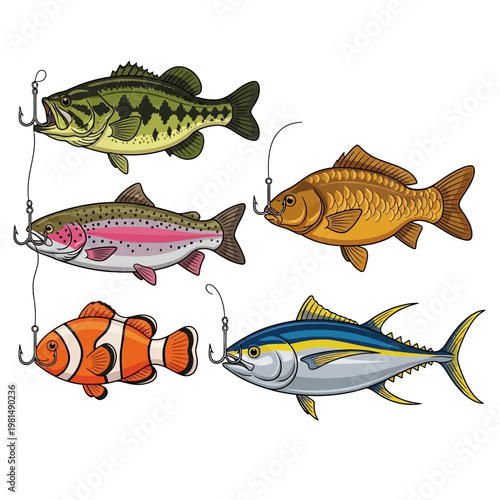 Assortment of Five Realistic Fishing Lures Shaped Like Different Fish Species