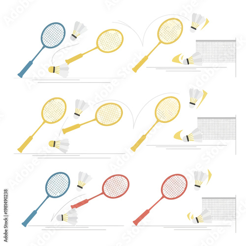 Badminton game sequence: Rackets, shuttlecocks, and net in motion