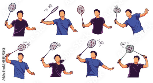 Badminton Player Action Poses: Serve, Smash, and Swing - Dynamic Sports Illustration