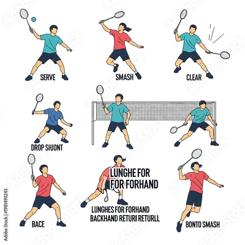 Badminton player demonstrating various strokes and techniques on a white background