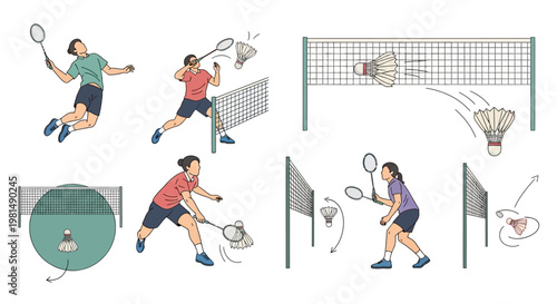 Badminton players in action: serves, smashes, and rallies on court