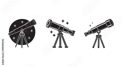 Three black and white illustrations of telescopes on tripods with stars in the background  astronomical observation tools for stargazing and night sky exploration