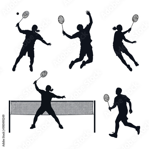 Badminton players silhouettes in action, dynamic poses, sports illustration