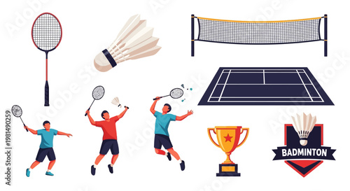 Badminton sport equipment, players, court, net, shuttlecock, trophy, and badge
