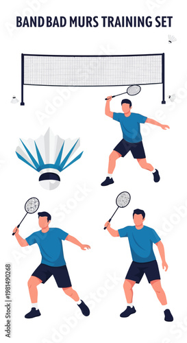 Badminton Training Set: Players, Shuttlecock, and Net Illustration