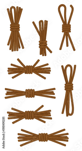 Collection of Brown Rope Bundles Tied with Knots, Various Styles