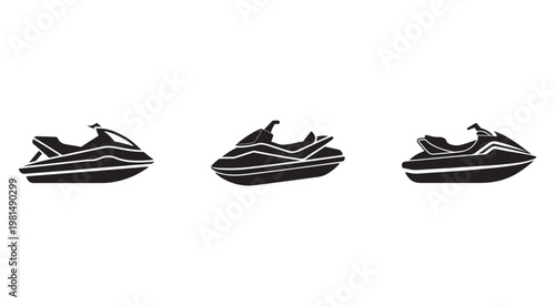 Three black and white jet ski silhouettes in different orientations for design and recreational watercraft concepts  water sports and transportation