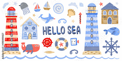 Colorful nautical illustration featuring lighthouses sea creatures and seaside elements