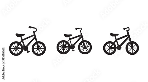 Three black bicycles in different positions on white background