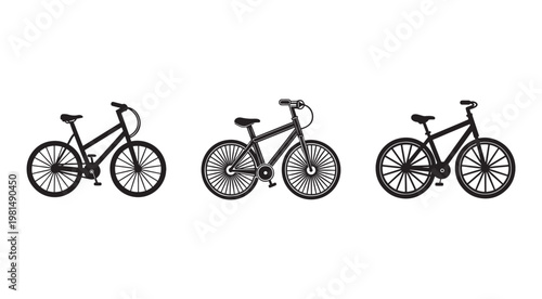 Three black bicycle silhouettes in different positions on white background for design and transportation concepts