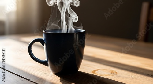 Hot steaming coffee fills a dark mug on a wooden table.