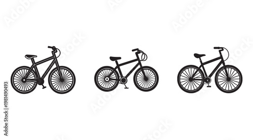 Three black bicycles with different wheel and pedal positions on white background for transport or vehicle concepts  bike illustrations