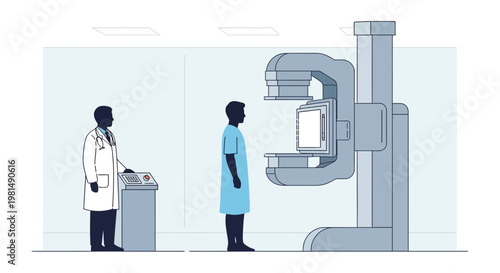 Doctor operating mammography machine for patient screening in clinic
