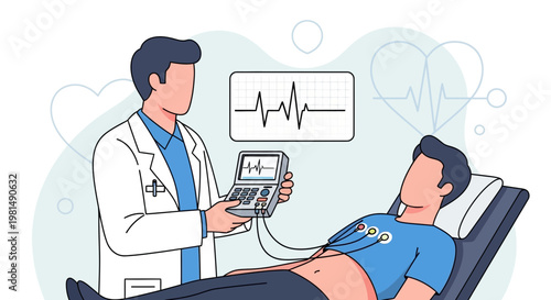 Doctor performing ECG test on patient lying on examination bed, medical checkup