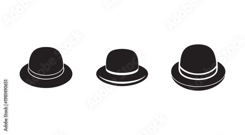 Three black bowler hats with white bands in different angles  isolated on white background